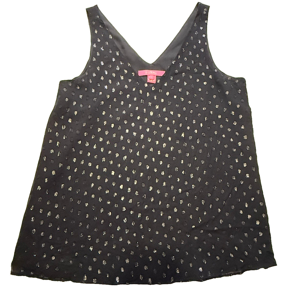 Lilly Pulitzer Silk Top Regular S Black Onyx Florin Metallic Sleeveless V Neck